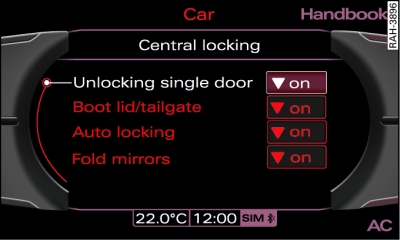 Display: Central locking menu